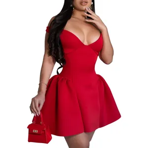 Elegant red off-shoulder V-neck puffy mini dress perfect for party and night clubwear