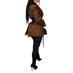 Sophisticated brown belted blazer for women, elegant long sleeve autumn suit jacket