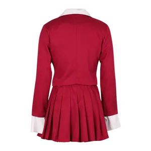 Back view of women's two-piece red blazer and pleated skirt set with white trim details.