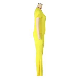 Vue latérale d'un ensemble plissé jaune deux pièces avec haut à manches courtes sur mannequin