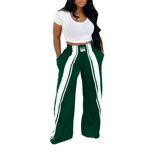 Pantalon de jogging femme vert foncé à jambes larges avec bandes blanches latérales