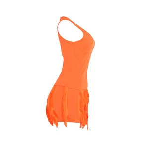Detailed side profile of vibrant orange two-piece fringe tassel tank top and shorts set