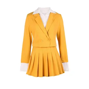 Detailed front view of women's yellow short blazer and pleated skirt two-piece set