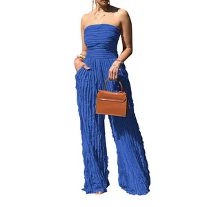 Elegante tuta senza spalline blu reale con vita alta e gamba larga a pieghe alla moda