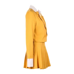 Side view of yellow cropped blazer and pleated skirt with white collar and cuffs.
