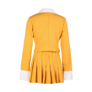 Back view of professional yellow blazer and pleated skirt two-piece set with white cuffs.