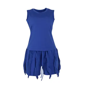 Stylish blue two-piece set featuring a sleeveless vest top and matching fringe shorts for summer