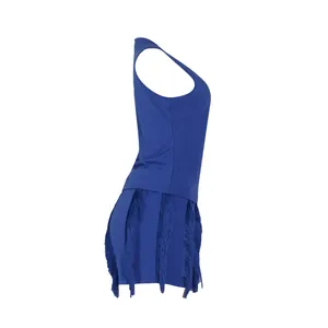 Side view of blue summer two-piece set with fringe tank top and matching shorts
