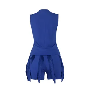 Back view of blue sleeveless top and shorts set with decorative fringe detail