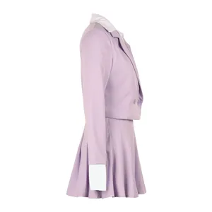 Side view of lavender two-piece blazer and pleated skirt set featuring white contrast lapels
