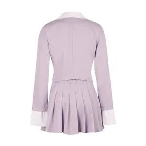 Back view of elegant lavender purple blazer and pleated mini skirt two-piece office suit