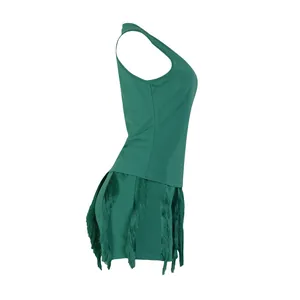 Stylish two-piece summer green outfit for women with a sleeveless tank top and fringe tassel shorts