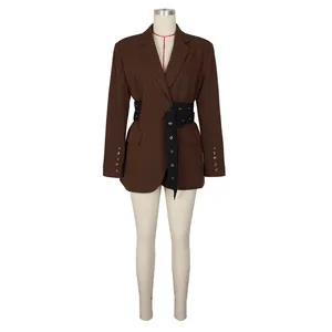 Detailed view of a brown women's blazer with stylish black waist-cinching straps