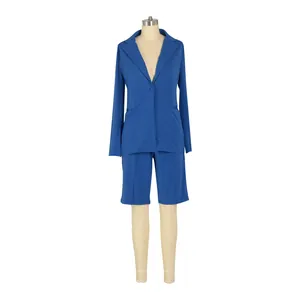 Conjunto de traje casual azul para mujer con blazer de manga larga y pantalones
