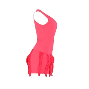 Side view of a pink two-piece set featuring fringe trim on tank top and shorts.