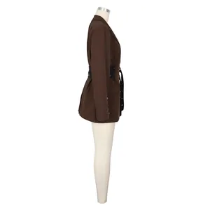 Side profile view of a brown long-sleeved blazer with black eyelet waist straps