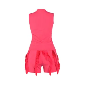 Detailed back view of a pink two-piece set with sleeveless top and fringe tassel shorts