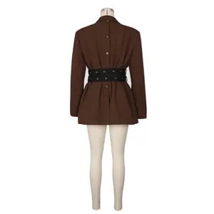 Back detail of brown long-sleeved blazer with black grommet waist belt and buttons