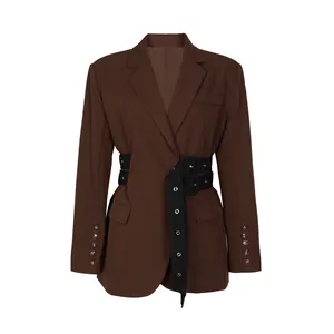 Front view of brown women's blazer featuring black belted waist and metal grommets