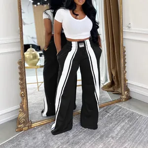 Pantalon large élégant pour femme avec rayures latérales blanches et taille haute