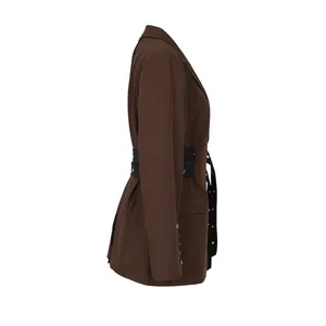 Side view of brown blazer featuring decorative black eyelet belt and cuff buttons.