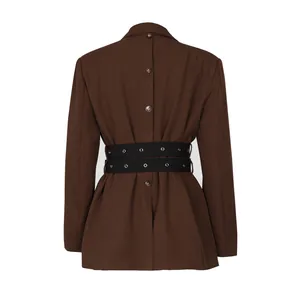 Detailed back view of a brown belted waist blazer for women with button accents.