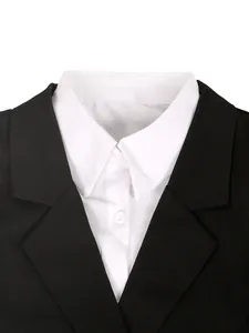 Detail view of professional black office blazer with white collared shirt neckline