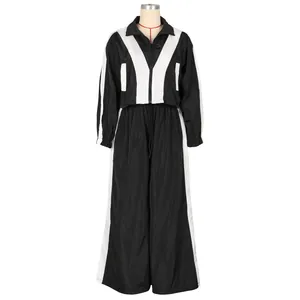 Schwarz-weißes Damen-Trainingsanzug-Set aus Webstoff mit Jacke und weiter Hose