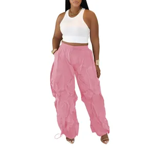 Stylish pink wrinkled wide-leg casual pants for women with comfortable drawstring waist