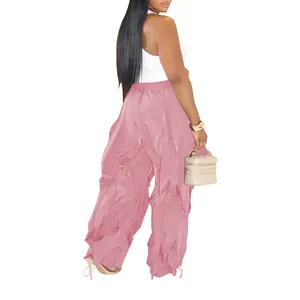 Stylish pink ruched wide-leg trousers with a comfortable casual baggy fit for women