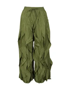 Detailed view of olive green wide-leg trousers with unique ruffled petal texture design
