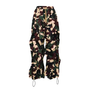 Women's camouflage wide-leg cargo pants with ruffled detail and adjustable drawstrings