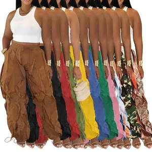 Women Casual Pleated Wide Leg Pants High Waist Drawstring Ruffle Patchwork Trousers Loose Solid Camo Print Fashion Bottoms
