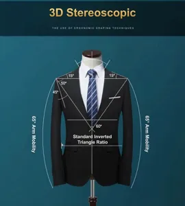 Technisch detail van een slim fit zakelijk colbert voor heren met 3D-ergonomische snit