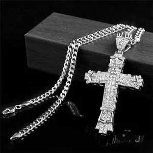 Collier pendentif croix en strass éblouissant avec chaîne cubaine en argent pour homme