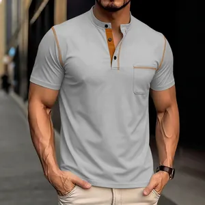 Polo Henley da uomo a maniche corte, asciugatura rapida, grigio chiaro e cuciture