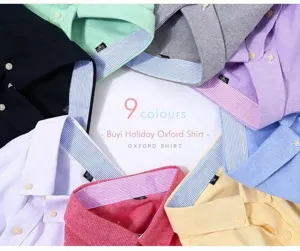 Detailed view of nine colorful long-sleeve men's oxford shirts in a circular layout.