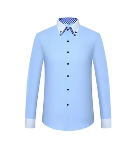 Light blue long sleeve shirt with white double layered collar and checkered inner lining
