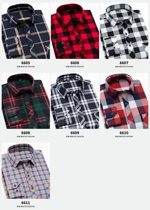 Detail grid showing seven different colors of men's brushed plaid long-sleeve shirts