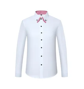 Close-up of men's white long-sleeved shirt featuring a double-layered red gingham collar