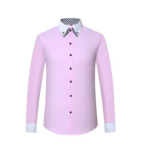 Detailed front view of men's pink long-sleeved shirt with double-layered button-down collar