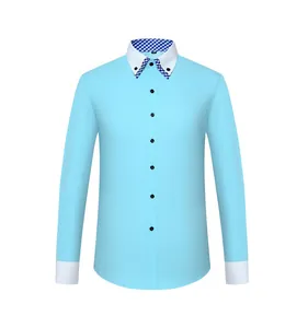 Men's light blue long sleeve shirt featuring stylish white and blue double layered collar