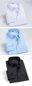 Présentation de trois chemises à manches longues pour hommes en blanc, bleu et noir.