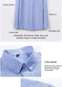 Close-up of blue and white striped Oxford shirt detailing collar and fabric texture
