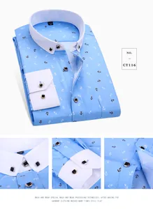 Detailed macro view of light blue anchor print men's shirt with white contrast collar