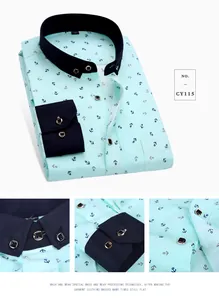 Detail view of mint green anchor print shirt with navy collar and cuffs