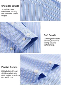 Detailed views of men's blue striped Oxford shirt with white buttons