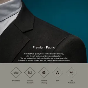 Detailed view of premium fabric texture on a slim fit men's business suit jacket