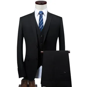 Classic black men's slim fit three-piece suit set for business formal and wedding wear