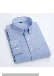 Detail of a folded light blue Oxford cotton long sleeve shirt with striped collar lining